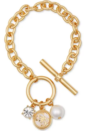 Guess Tone Mixed Stone Logo Charm Link Bracelet