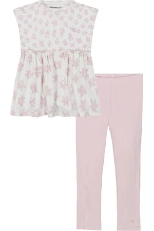 Calvin Klein Toddler and Little Girls 2-Piece Mixed Print Floral Tunic Ribbed Stretch Leggings Sets - Egret, Sepia rose