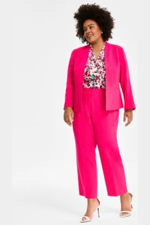 Kasper Plus Size Open Front Blazer Printed Blouse Stretch Crepe Straight Fit Suit Pants