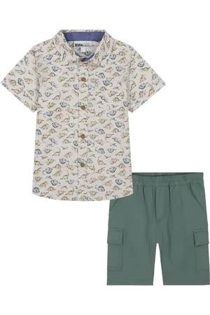 Kids Headquarters Baby Boys 2-Piece Short Sleeve Dinosaur Print Poplin Shirt and Twill Cargo Shorts Set
