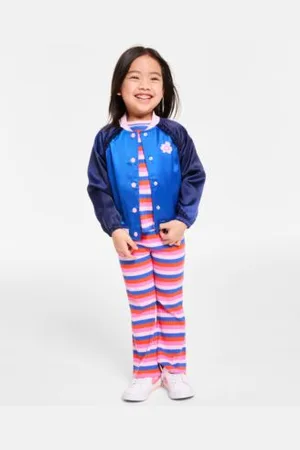 Epic Threads Toddler Girl Satin Bomber Jacket 2 Pc. Stripe Ribbed Knit Top Flared Pants Set Exclusively At Macys