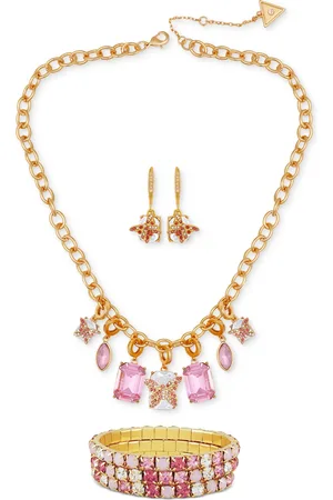 Guess Mixed Stone Butterfly Statement Necklace, Drop Earrings & 3-Pc. Stretch Bracelet Set - Pink/Gold