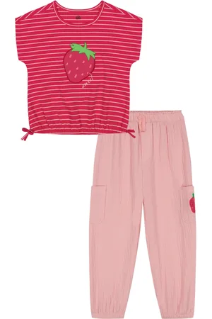 Kids Headquarters Toddler and Little Girls 2-Piece Strawberry Stripes Drawstring Hem Top and Muslin Cargo Pant Set