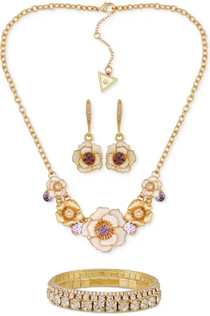 Guess Flower Statement Necklace, Drop Earrings & Stretch Bracelet Set - White/Gold