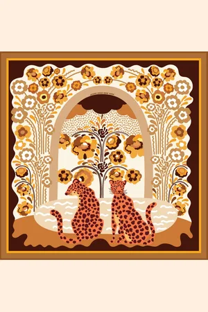 Jessie Zhao New York Double Sided Wool Silk Scarf Of Leopards With Floral Fountain