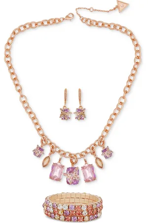 Guess Mixed Stone Butterfly Statement Necklace, Drop Earrings & 3-Pc. Stretch Bracelet Set - Purple/Rose Gold
