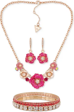 Guess Flower Statement Necklace, Drop Earrings & Stretch Bracelet Set - Pink/Rose Gold