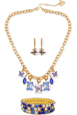 Guess Mixed Stone Butterfly Statement Necklace, Drop Earrings & 3-Pc. Stretch Bracelet Set - Blue/Gold