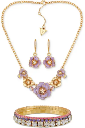 Guess Flower Statement Necklace, Drop Earrings & Stretch Bracelet Set - Purple/Gold