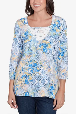 RUBY Petite Watercolor Floral Patchwork Square Neck Top