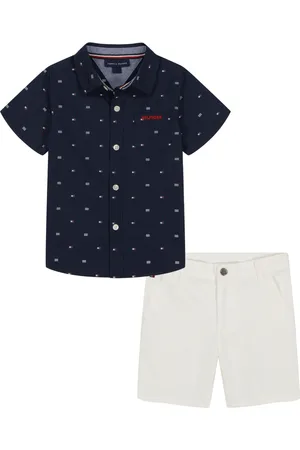 Tommy Hilfiger Toddler Boys 2-Piece Short Sleeve Logo Print Poplin Shirt and Twill Shorts Sets - Navy blazer, Bright white