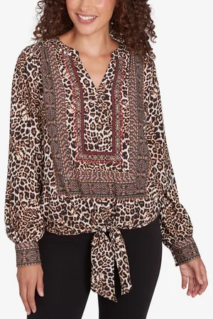 RUBY Petite Split Neck Embellished Animal Placement Print Tie Front Top