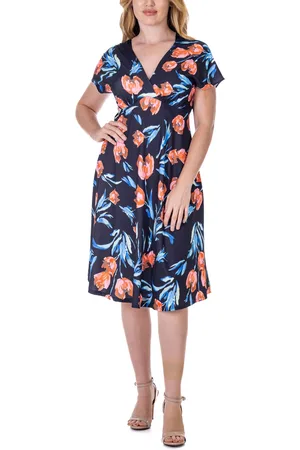24Seven Comfort Apparel Tulip Print V Neck Empire Waist Kimono Cap Sleeve Knee Length Dress