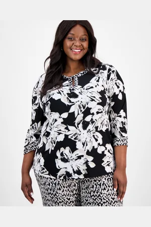 Kasper Plus Size Printed 3/4-Sleeve Twist-Neck Blouse