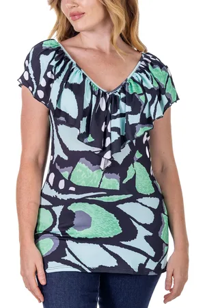 24Seven Comfort Apparel Cap Sleeve Print Ruffle V Neck Top