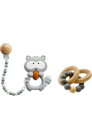 Tiny Teethers Designs 3 Stories Trading Tiny Teethers Infant Silicone And Beech Rattle And Teether Gift Set, Raccoon