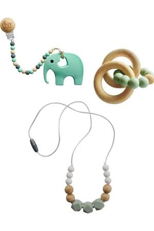 Tiny Teethers Designs 3 Stories Trading Tiny Teethers Infant 3 Piece Silicone And Beech Wood Teething Gift Set, Elephant