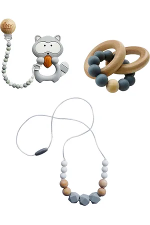 Tiny Teethers Designs 3 Stories Trading Tiny Teethers Infant 3 Piece Silicone And Beech Wood Teething Gift Set, Raccoon