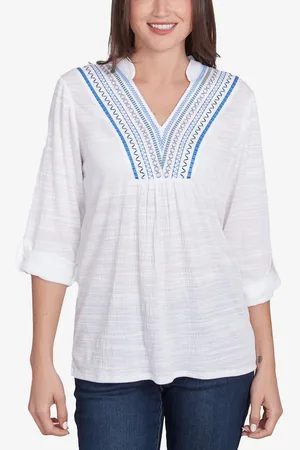 RUBY Petite Soft Relaxed Textured Trim V-Neck Top
