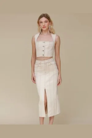 AVEC LES FILLES Womens Square Neck Corset Sleeveless Top Paneled Denim Pencil Skirt