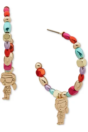 Karl Lagerfeld Gold-Tone Beaded Karl Charm Medium Hoop Earrings, 1.1"