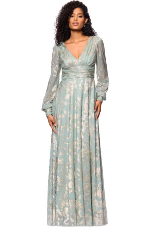 Betsy & Adam Petite V-Neck Long-Sleeve A-Line Gown - Sage/Gold
