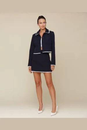 AVEC LES FILLES Womens Lace Trim Button Front Crop Jacket A Line Contrast Trim Mini Skirt
