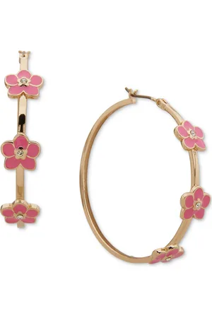 Karl Lagerfeld Gold-Tone Enamel & Crystal Flower Medium Hoop Earrings, 1.6"