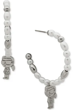 Karl Lagerfeld Gold-Tone Beaded Karl Charm Medium Hoop Earrings, 1.1"