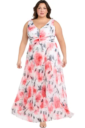 R & M Richards Plus Size Printed Ruched-Waist Pleated Dress - Coral/Ivory