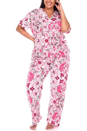 White Mark Plus Size Short Sleeve Pants Tropical Pajama Set, 2-Piece - White, Pink