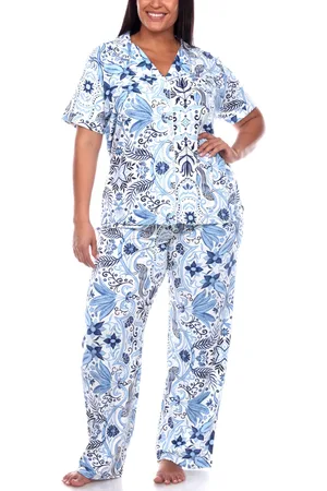White Mark Plus Size Short Sleeve Pants Tropical Pajama Set, 2-Piece - White, Blue