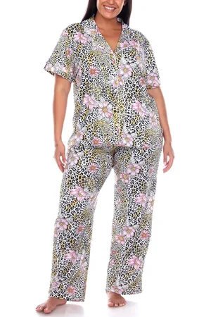 White Mark Plus Size Short Sleeve Pants Tropical Pajama Set, 2-Piece