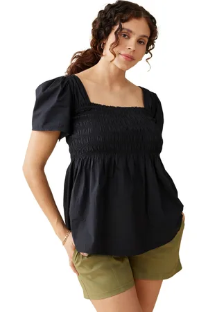 Ingrid & Isabel Maternity Gwen Smocked Woven Top Olive Navy Abstract M