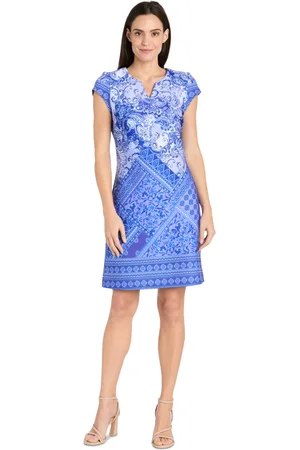 R & M Richards Petite Printed Split-Neck Cap-Sleeve Dress