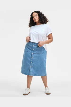 On 34th Trendy Plus Size Patch-Pocket Denim Midi Skirt, Exclusively at Macy