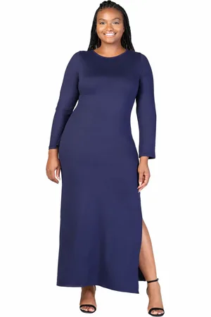 24Seven Comfort Apparel Plus Size Long Sleeve Side Slit Fitted Maxi Dress