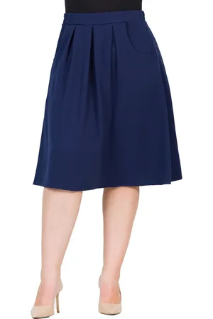 24Seven Comfort Apparel Plus Size Elastic Waist Pleated Knee Length Pocket Skirt