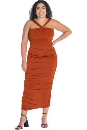 24Seven Comfort Apparel Plus Size Halter Cross Neck Ruched Bodycon Mid Dress