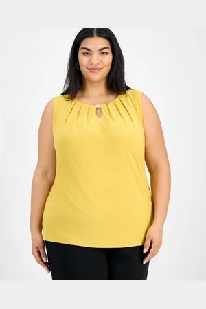 Kasper Plus Size Sleeveless Pleated Keyhole Blouse