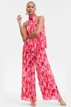 I.N.C. International Concepts Womens Printed Pleated Chiffon Halter Top High Rise Printed Chiffon Wide Leg Pants Exclusively At Macys