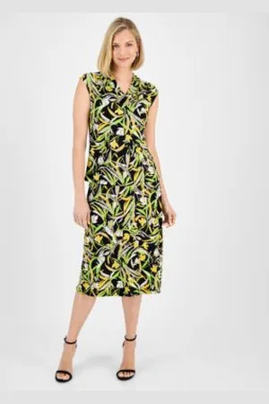 Kasper Womens Printed Cowlneck Top Midi Skirt