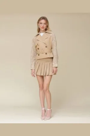 AVEC LES FILLES Womens Cropped Combo Trench Jacket Pleated Belted Mini Skort