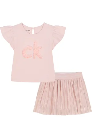 Calvin Klein Toddler and Little Girls 2-Piece Rosette Logo Flutter Sleeve Top Metallic Micropleat Skort Set
