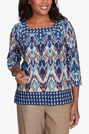 Alfred Dunner Petite Summer Solstice Ikat Diamond Border Square Neck Top