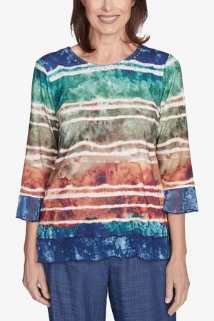 Alfred Dunner Petite Summer Solstice Tie Dye Striped Biadere Crewneck Top
