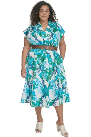 Calvin Klein Plus Size Floral-Print Belted Midi Dress