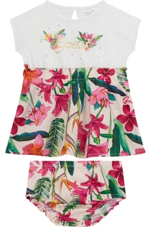 Guess Baby Girls 2-Piece Mixed Fabric Short Sleeve Dress with Printed Bloomer Set