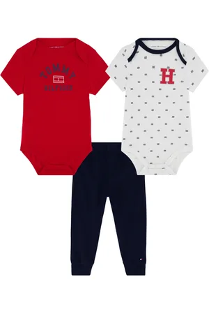 Tommy Hilfiger Baby Boy 3-Piece Signature Bodysuits Combed Interlock Joggers Set - Red, Bright white print, Navy blazer