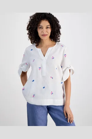 Charter Club Petite Floral-Embroidered Linen Tie-Sleeve Top, Exclusively at Macy